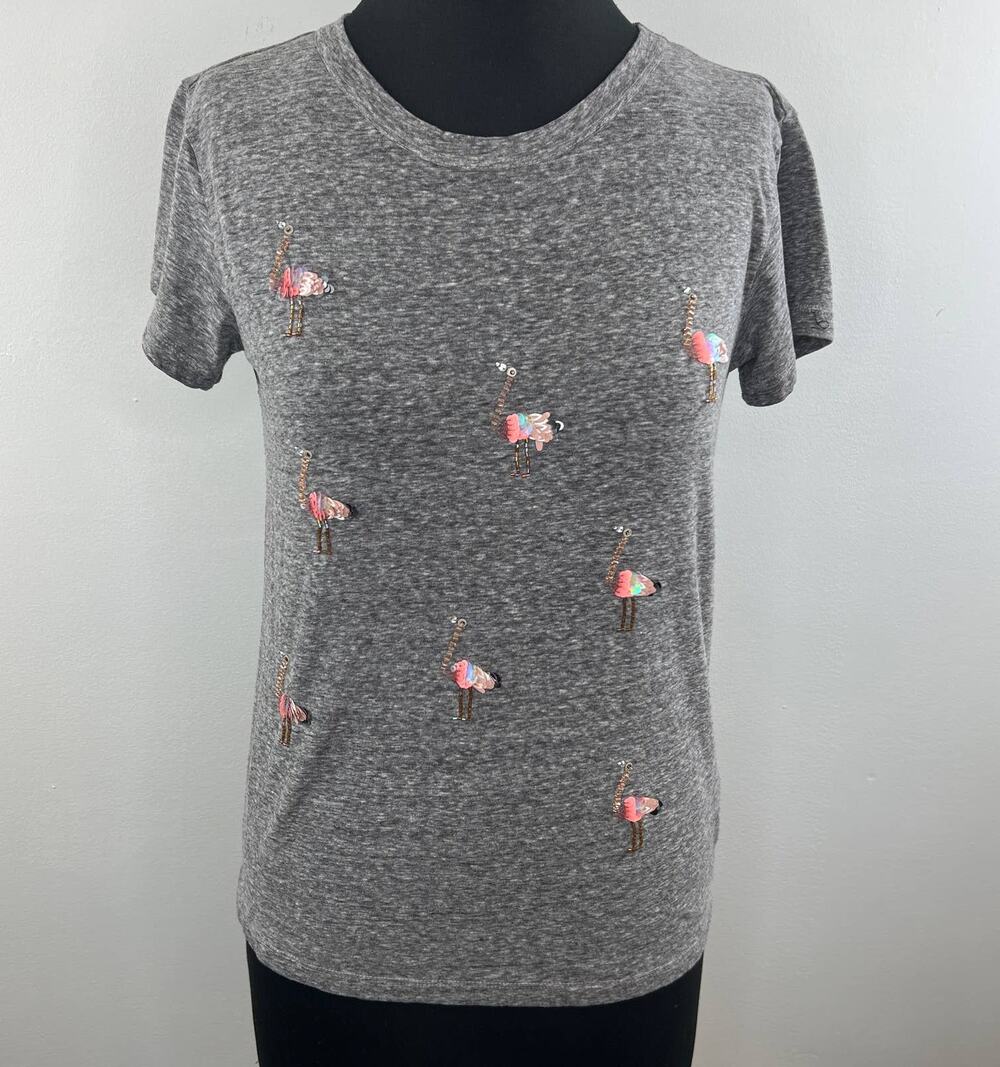 J Crew FLAMINGO Gray Short Sleeve Cotton Blend Embellished T-Shirt M Medium RARE